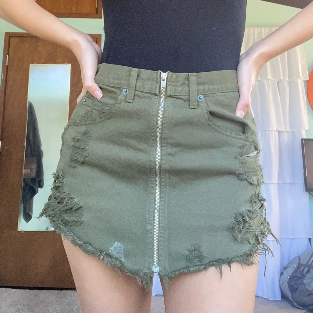 Army green denim skirt